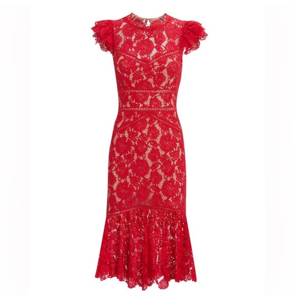 SAYLOR Lace High Neck Ruffled Trumpet Midi Dress Medium - Picture 13 of 14